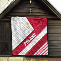 Poland flag quilt hanging on porch, red and white design with POLAND text