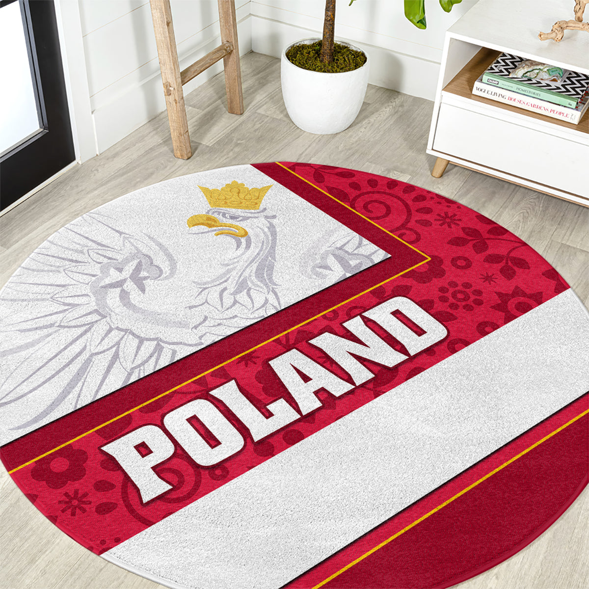Round red and white carpet with Polish eagle emblem and 'POLAND' banner, floral border