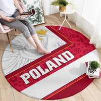 Round rug with 'POLAND' text on red-and-white stripes and a Polish eagle emblem