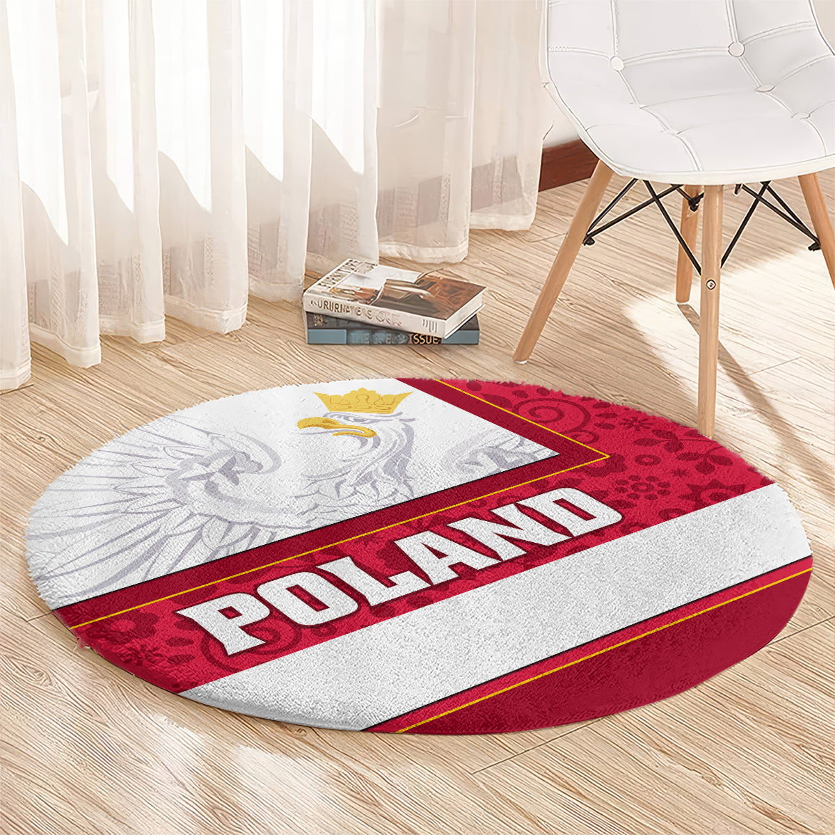 Round white-and-red carpet with 'POLAND' banner, grey eagle emblem, bordered pattern