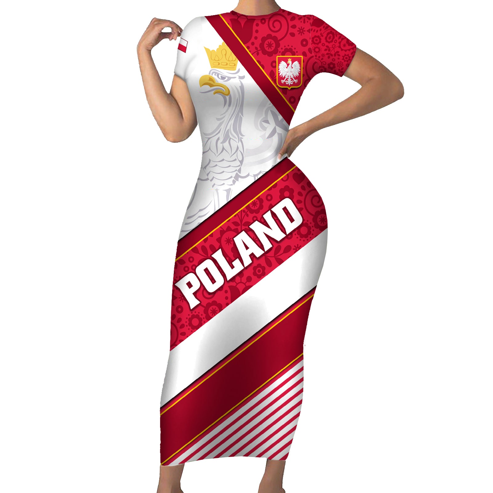 Poland Independence Day Short Sleeve Bodycon Dress Polska White Eagle Polish Floral Pattern - Wonder Print Shop