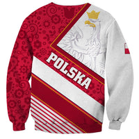 Unisex red and light gray sweatshirt with patterned diagonal panel, eagle crest, POLSKA