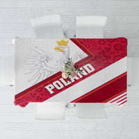 Red and white patterned tablecloth with eagle emblem and Polska graphic