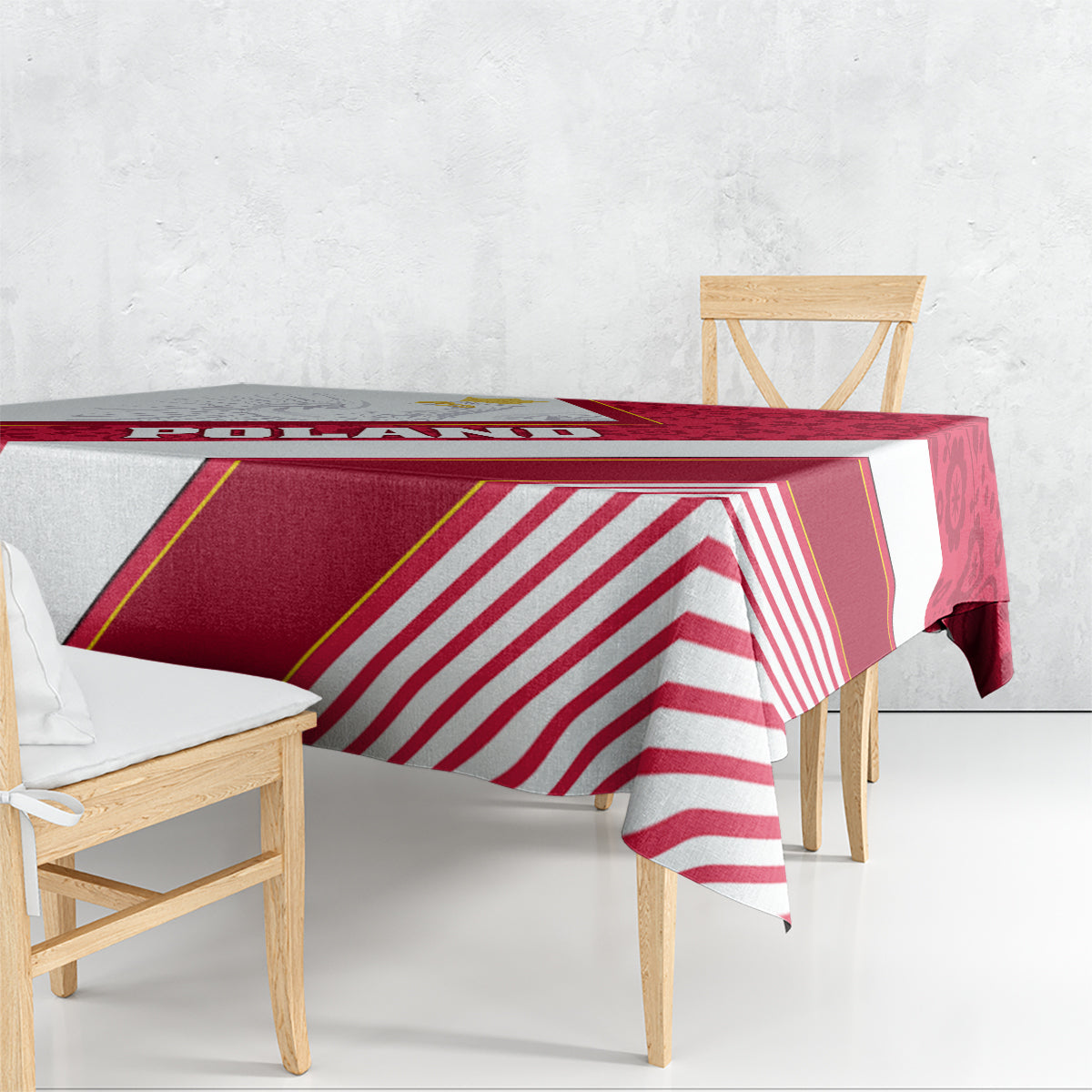 Red, white, and gold-striped tablecloth with diagonal banner design