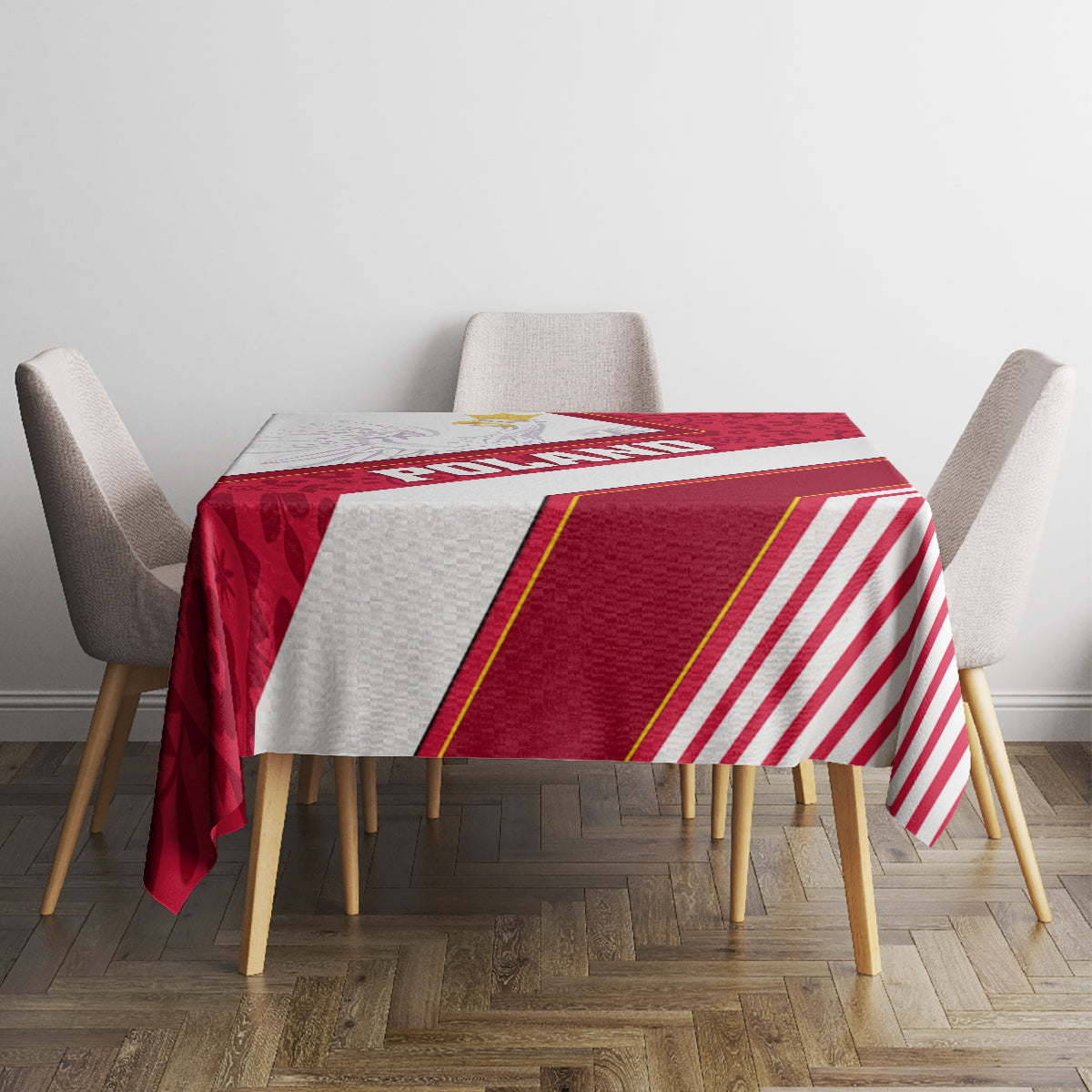Red and white geometric tablecloth with diagonal stripe panel