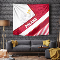White, red fabric tapestry with Polish eagle crest, “POLAND” text, and stripes pattern