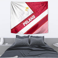 Polish-themed tapestry with white eagle emblem, “POLAND” lettering, red geometric stripes