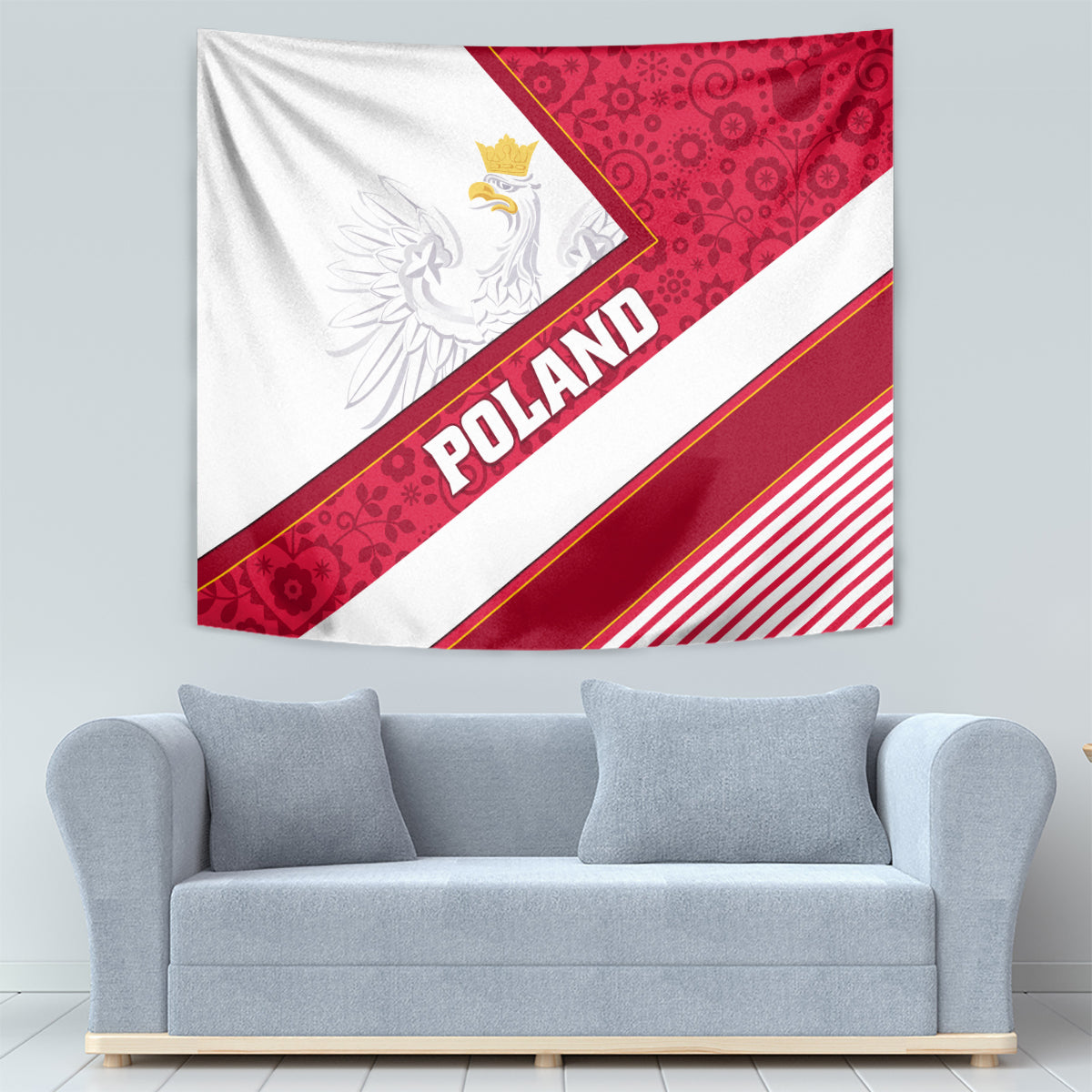 Red and white Polish tapestry with eagle design and bold “POLAND” banner