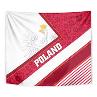 Close-up of Polish tapestry with white eagle crest, “POLAND” text, red floral stripes