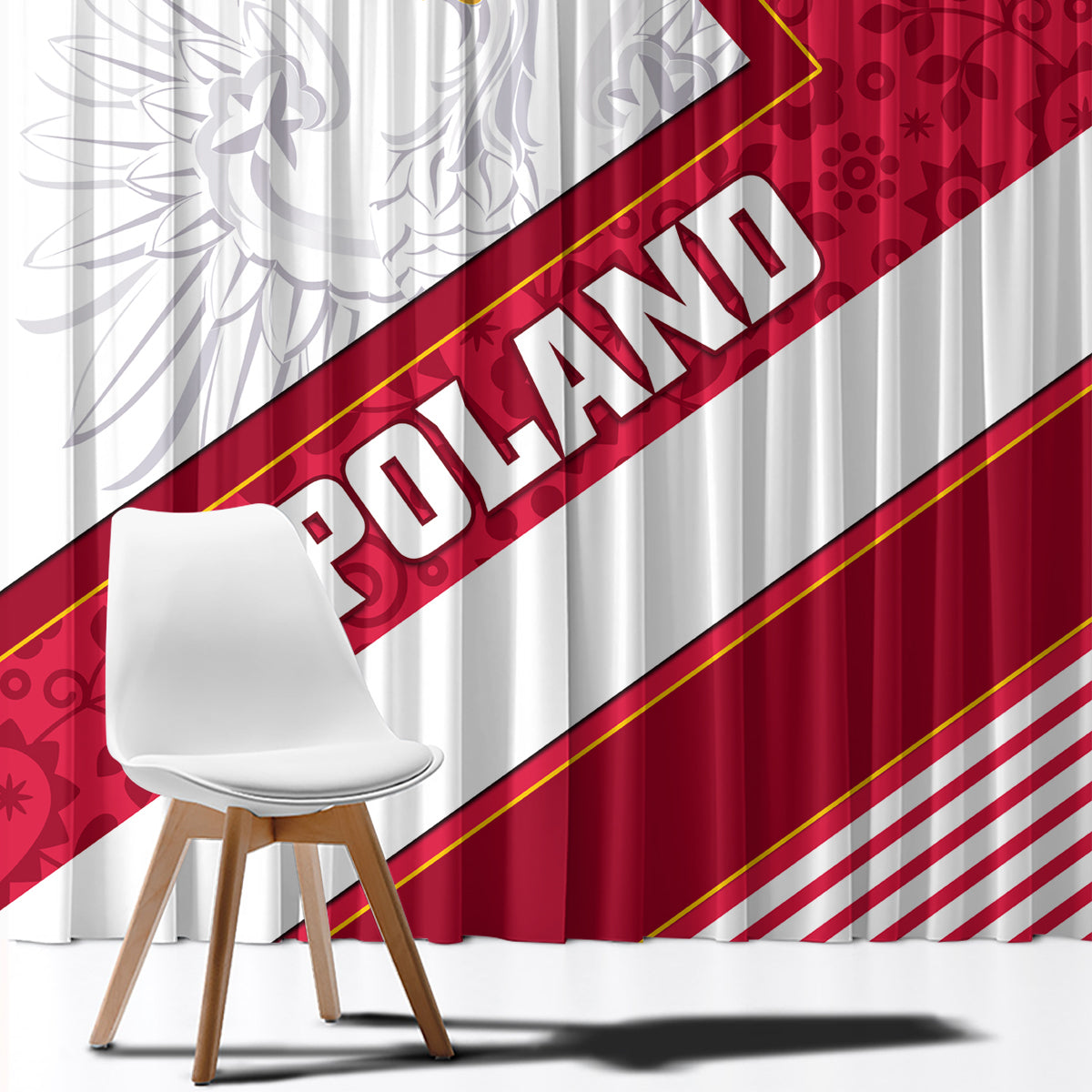 White and red window curtain with diagonal Polish eagle banner and red patterned section