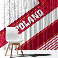 White and red window curtain with diagonal Polish eagle banner and red patterned section