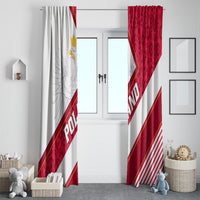 Pair of white and red window curtains with Polish eagle emblem and bold border stripes