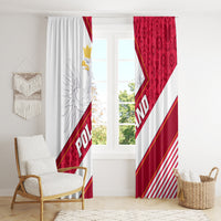 Hanging white and red window curtains with Polish eagle emblem and red floral patterned top
