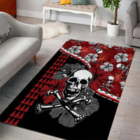 Red and black Halloween area rug with skull guitar art, hibiscus, and triangle bands
