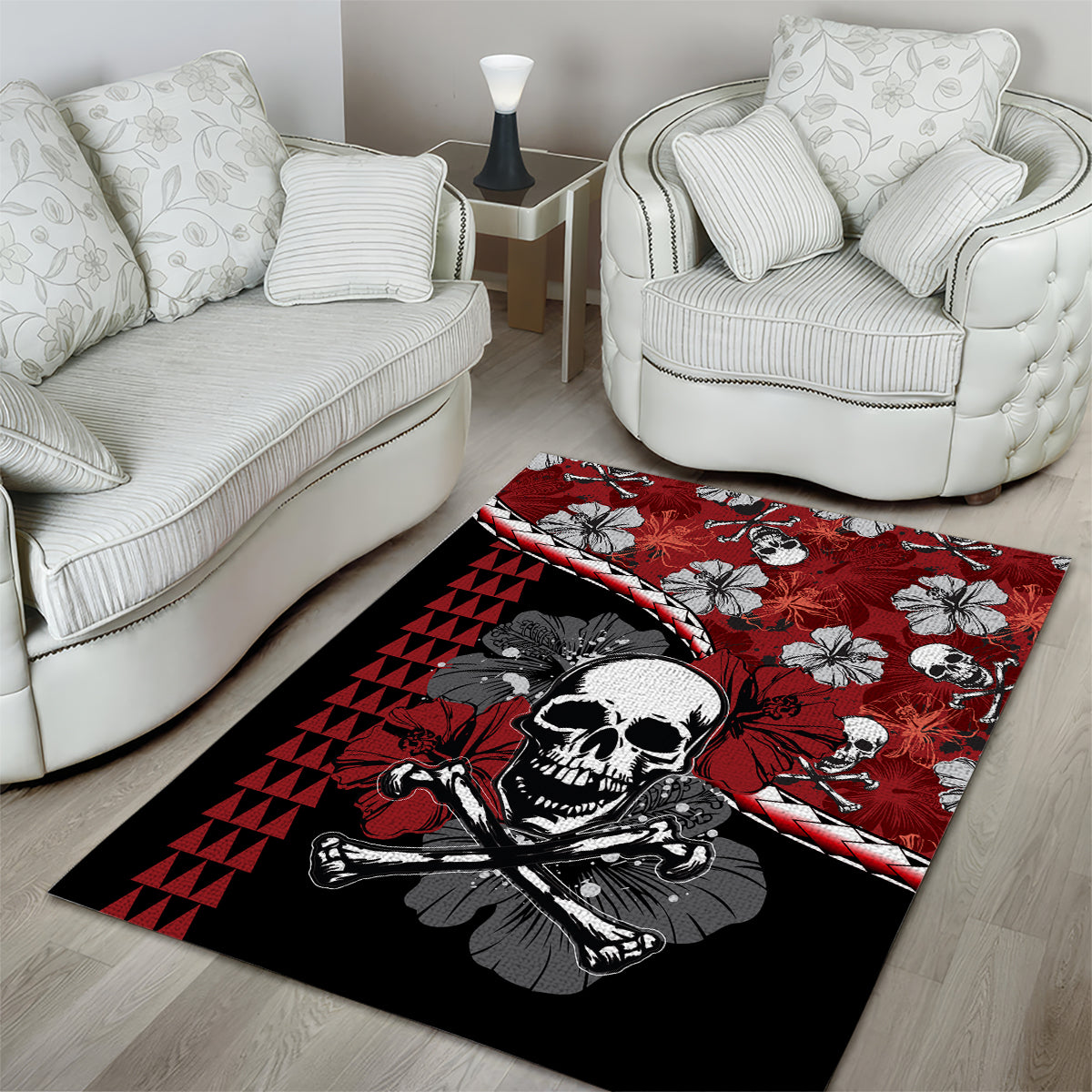 Red and black area rug featuring a skull guitar design, hibiscus accents, triangle print