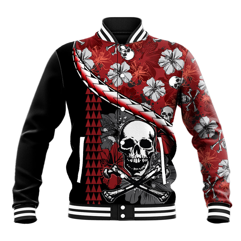 Red and black varsity baseball jacket with skull graphic, hibiscus flowers, striped collar