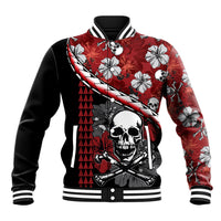Red and black varsity baseball jacket with skull graphic, hibiscus flowers, striped collar