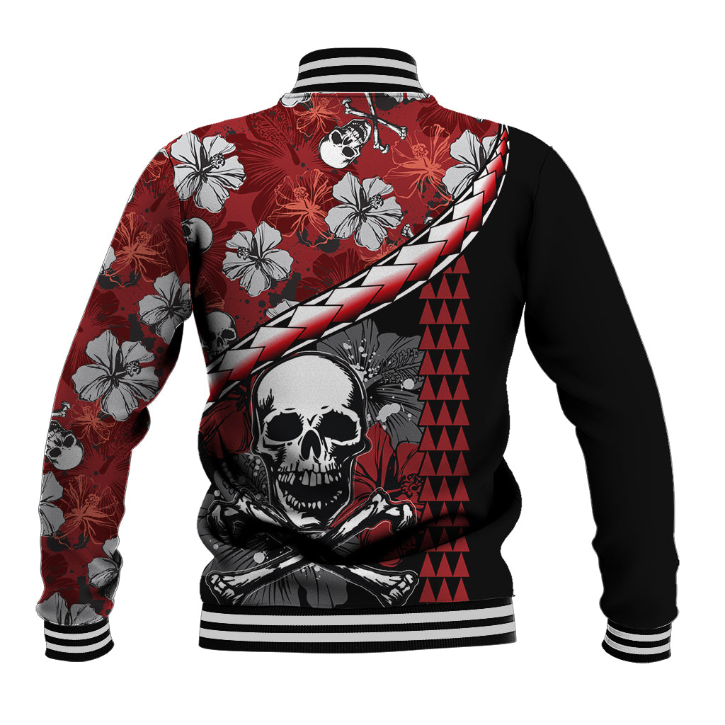 Red and black baseball jacket with back skull-and-crossbones, hibiscus pattern, striped hem
