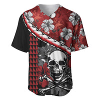 Red baseball jersey with black trim, skull graphic, hibiscus flowers, button-up V-neck