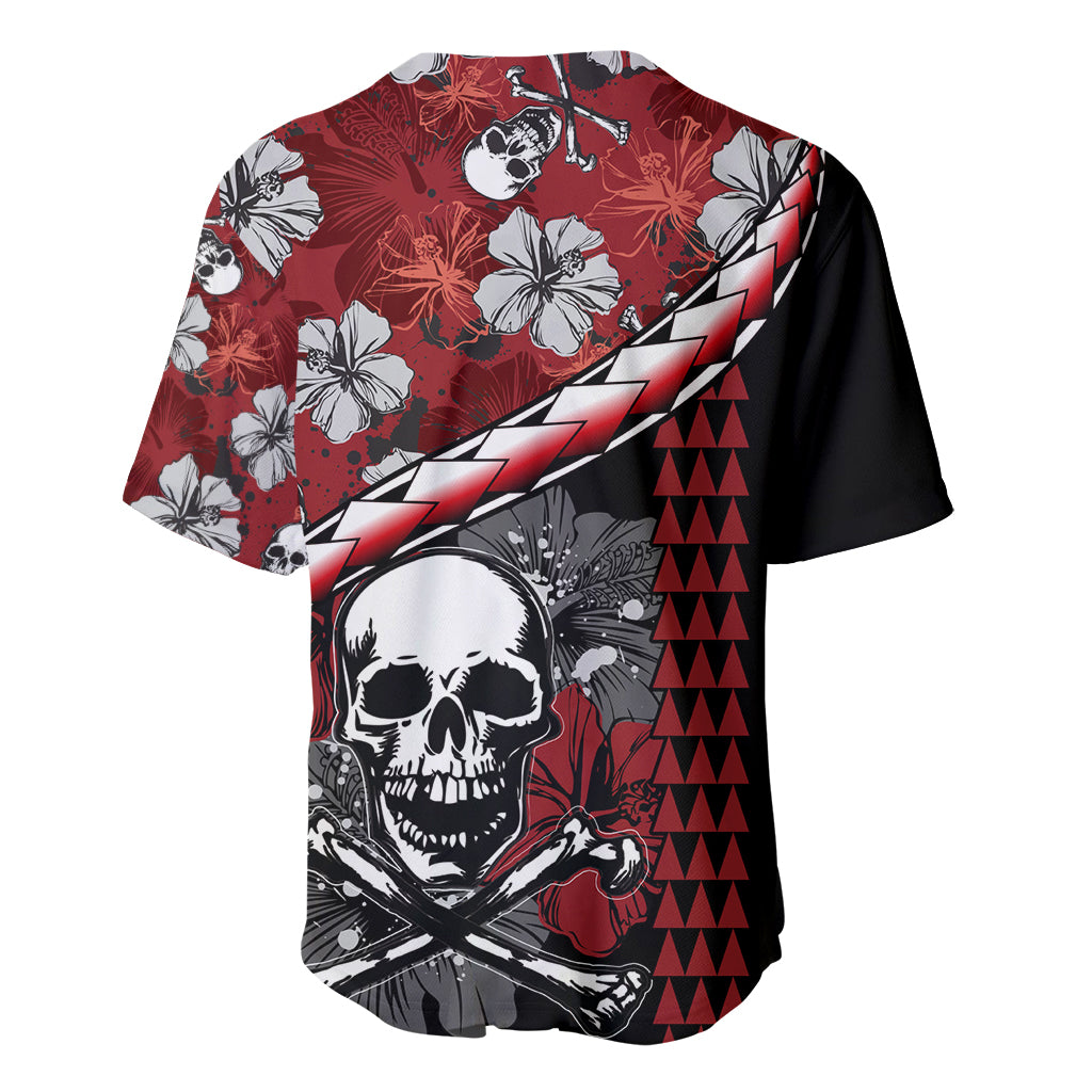 Red and black baseball jersey with skull print, hibiscus pattern, short sleeves, buttons