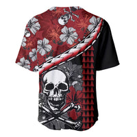 Red and black baseball jersey with skull print, hibiscus pattern, short sleeves, buttons