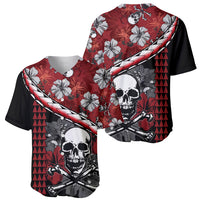 Red baseball jersey with black sleeves, skull and hibiscus flower design, V-neck buttons