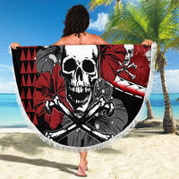 Round beach blanket with large skull graphic and hibiscus flowers, red black white, white fringe