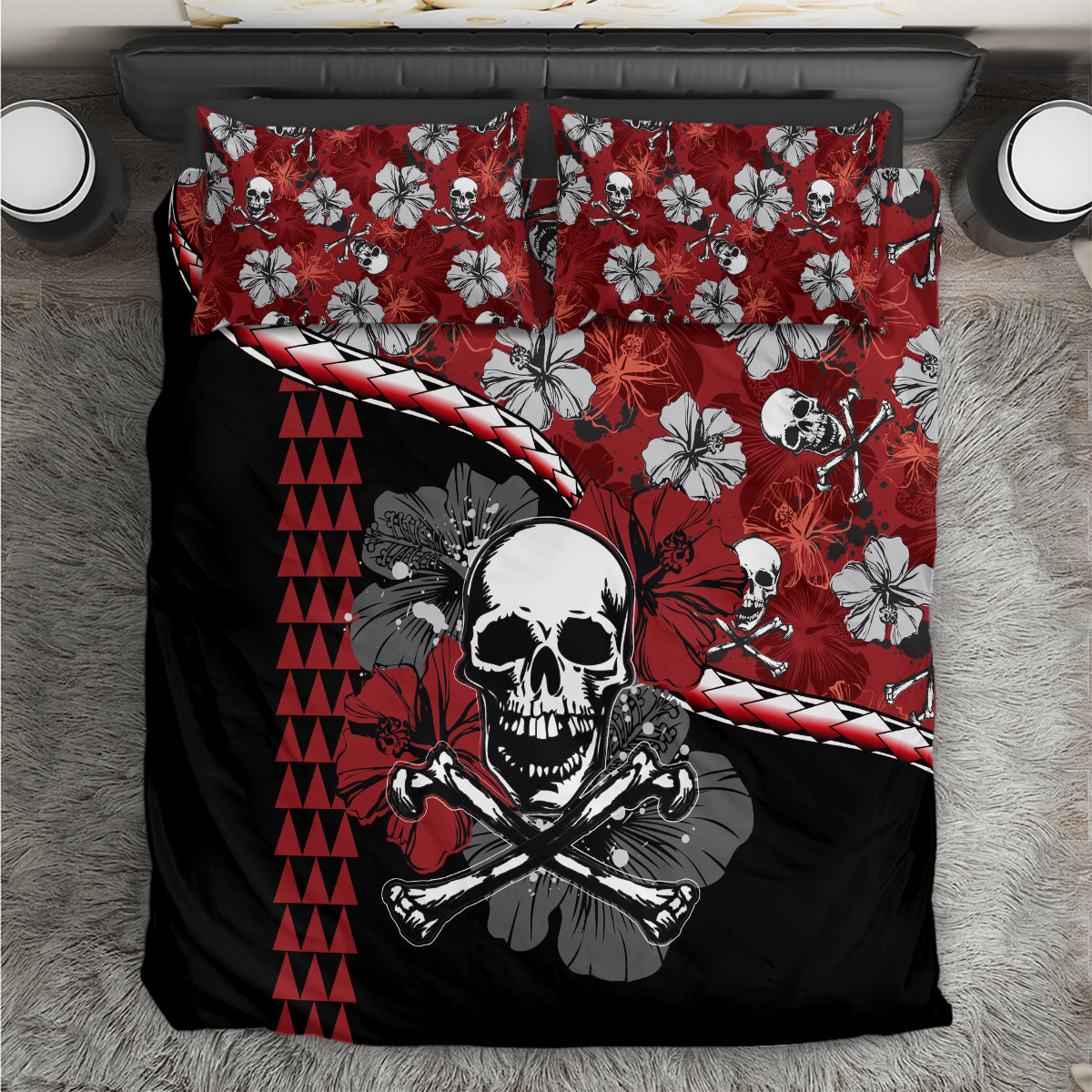 Red and black skull pirate bedding set with hibiscus flowers and geometric pattern