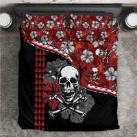 Red and black skull pirate bedding set with hibiscus flowers and geometric pattern