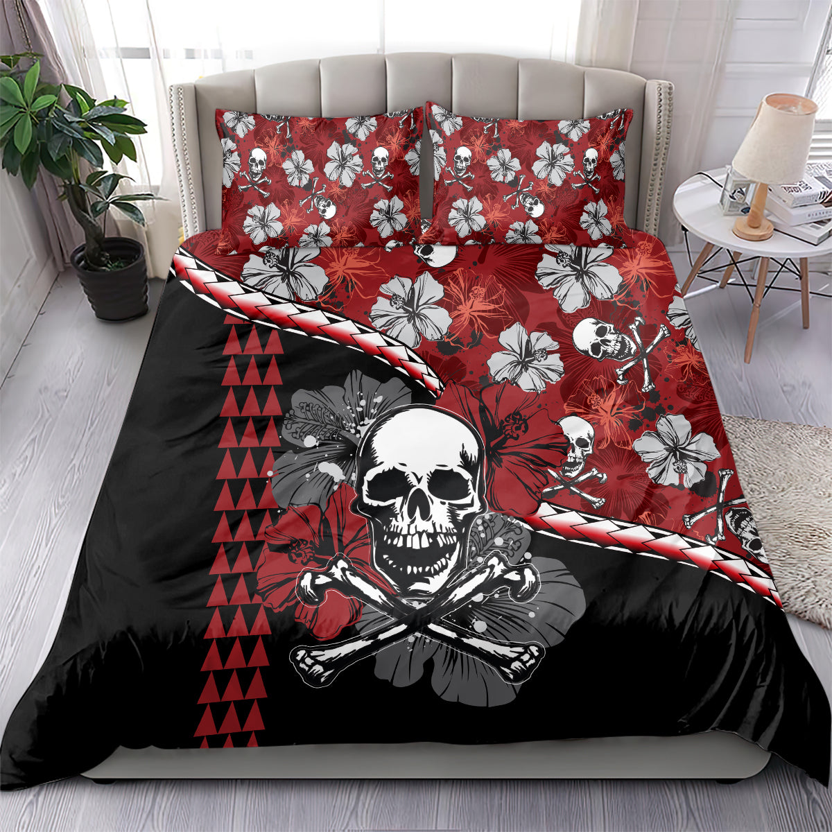 Skull and hibiscus bedding set, red and black with tropical flower print and pillow covers