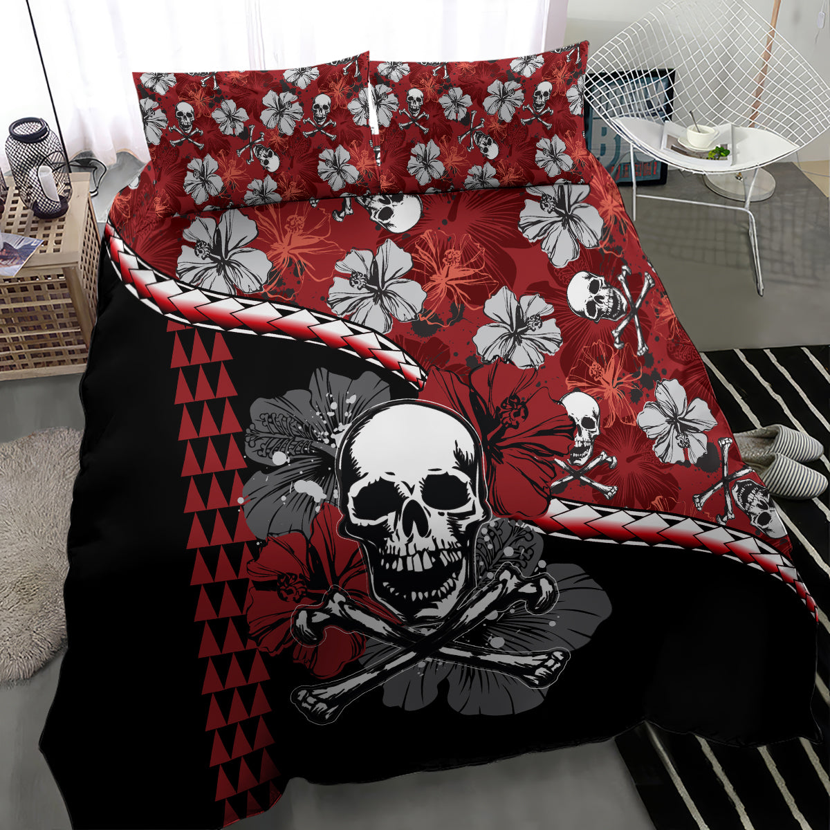 Red and black pirate skull bedding set with hibiscus flowers, quilted comforter and shams