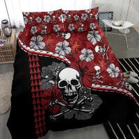 Red and black pirate skull bedding set with hibiscus flowers, quilted comforter and shams