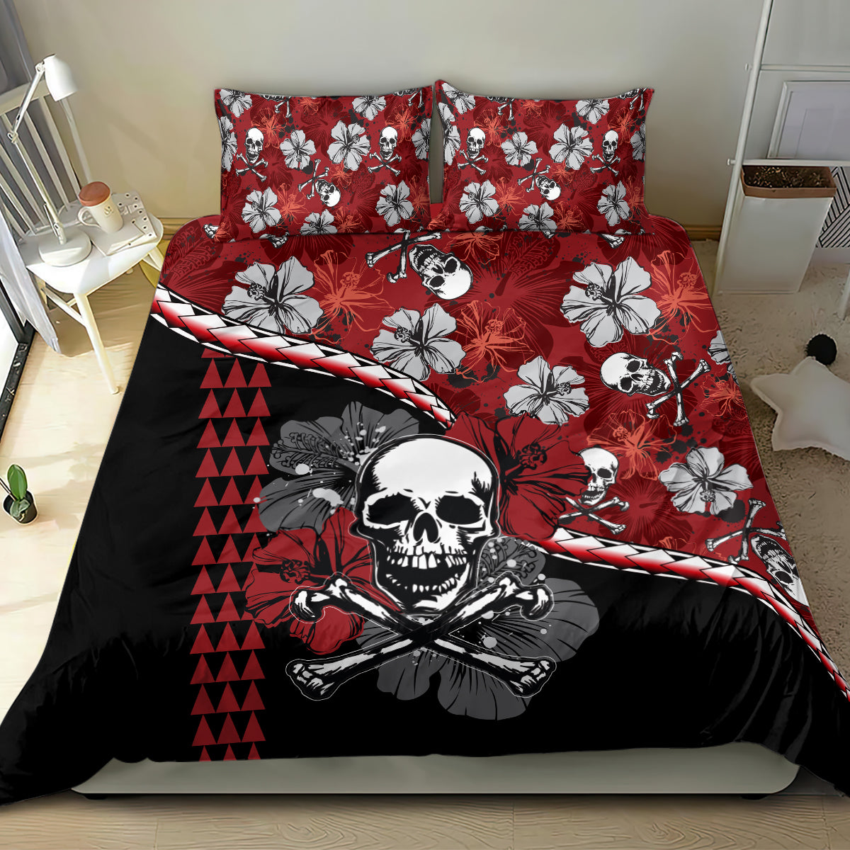 Red and black skull hibiscus bedding set featuring pirate graphic and striped geometric accents
