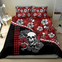 Red and black skull hibiscus bedding set featuring pirate graphic and striped geometric accents