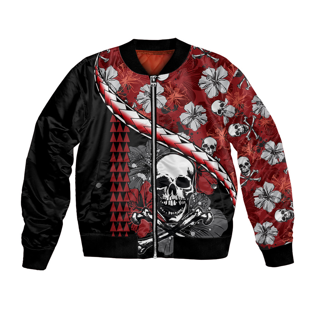 Unisex red bomber jacket with skull, hibiscus flowers, lightning graphic, zip front