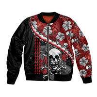 Unisex red bomber jacket with skull, hibiscus flowers, lightning graphic, zip front