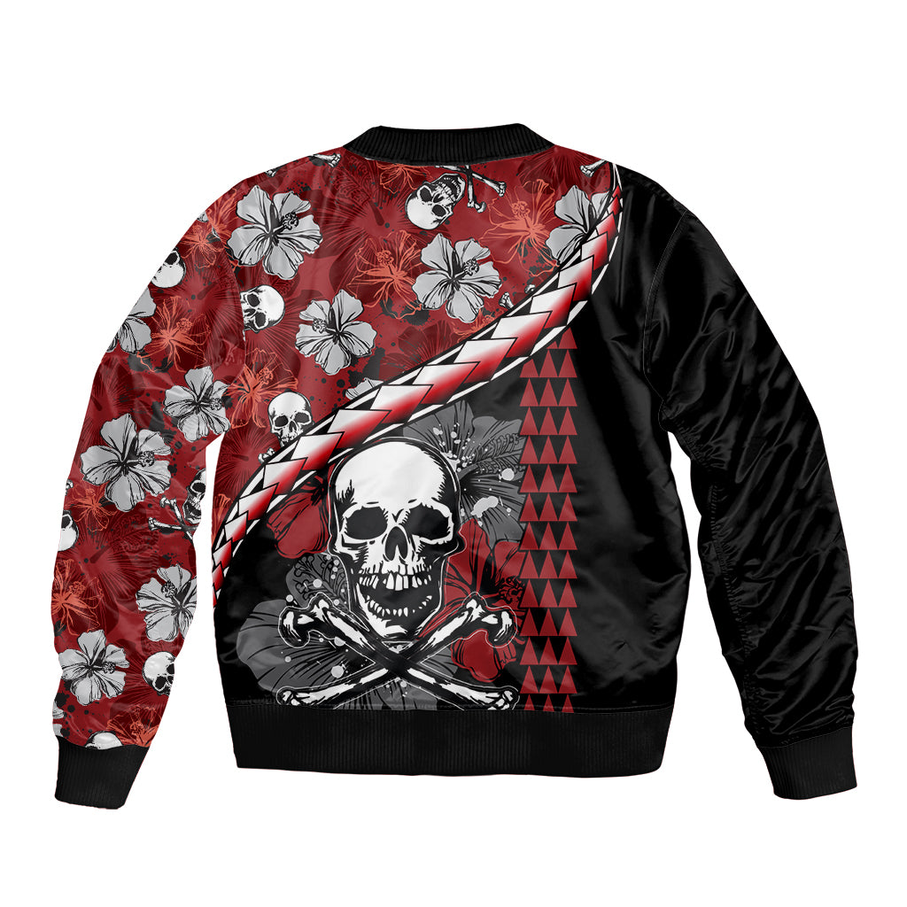 Unisex red bomber jacket, black back with skull and hibiscus flowers, zip collar