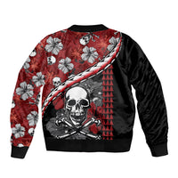 Unisex red bomber jacket, black back with skull and hibiscus flowers, zip collar