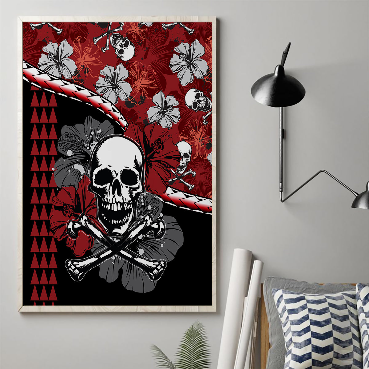 Red skull and hibiscus canvas wall art with crossbones graphic, wall mounted