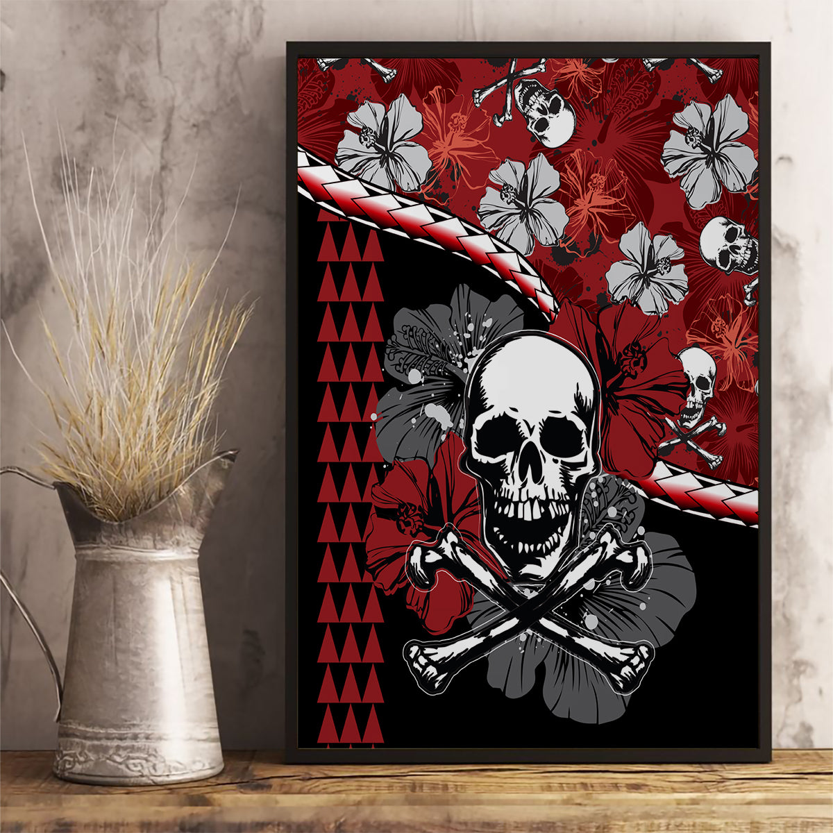 Red and black skull and hibiscus canvas wall art in black frame
