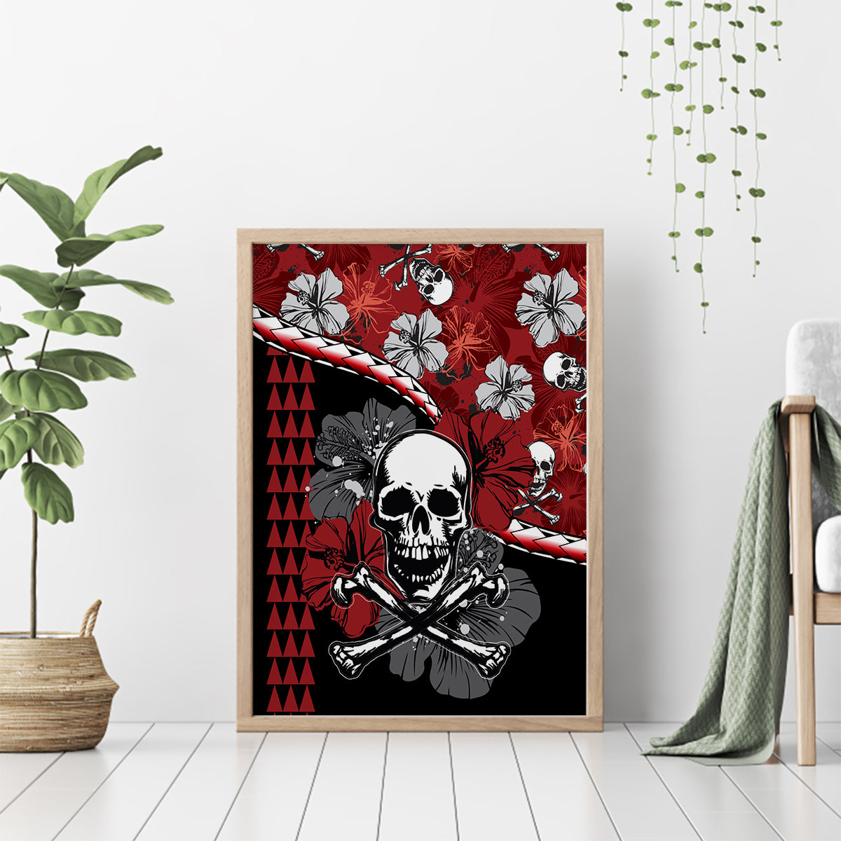 Red skull and hibiscus canvas wall art with crossbones, light wood frame