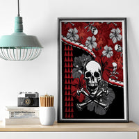 Red skull and hibiscus canvas wall art with crossbones, gray framed