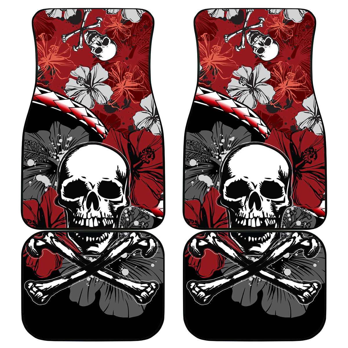 Red and black car floor mats with hibiscus flowers and skull crossbones graphic