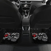 Red and black rear car floor mats with skull crossbones and hibiscus flower pattern