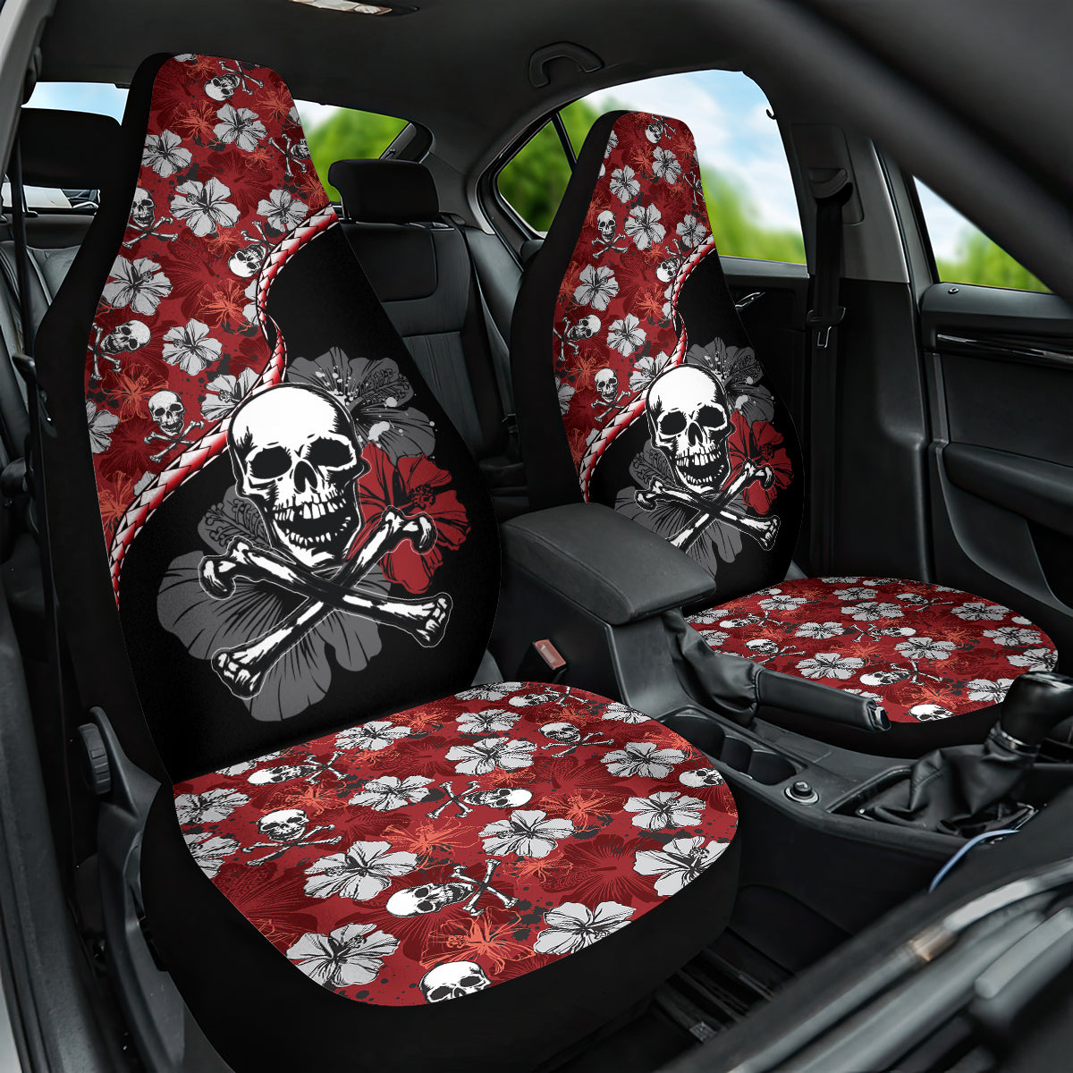 Hawaii Halloween Car Seat Cover Hibiscus Skull Kakau Pattern - Wonder Print Shop