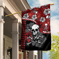 Red and black hanging garden flag with hibiscus skull and crossbones and geometric stripes