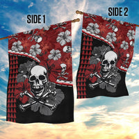 Two-sided red and black garden flag featuring hibiscus skull and crossbones