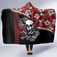 Red and black hooded Halloween blanket with skull, hibiscus flowers, and geometric trim