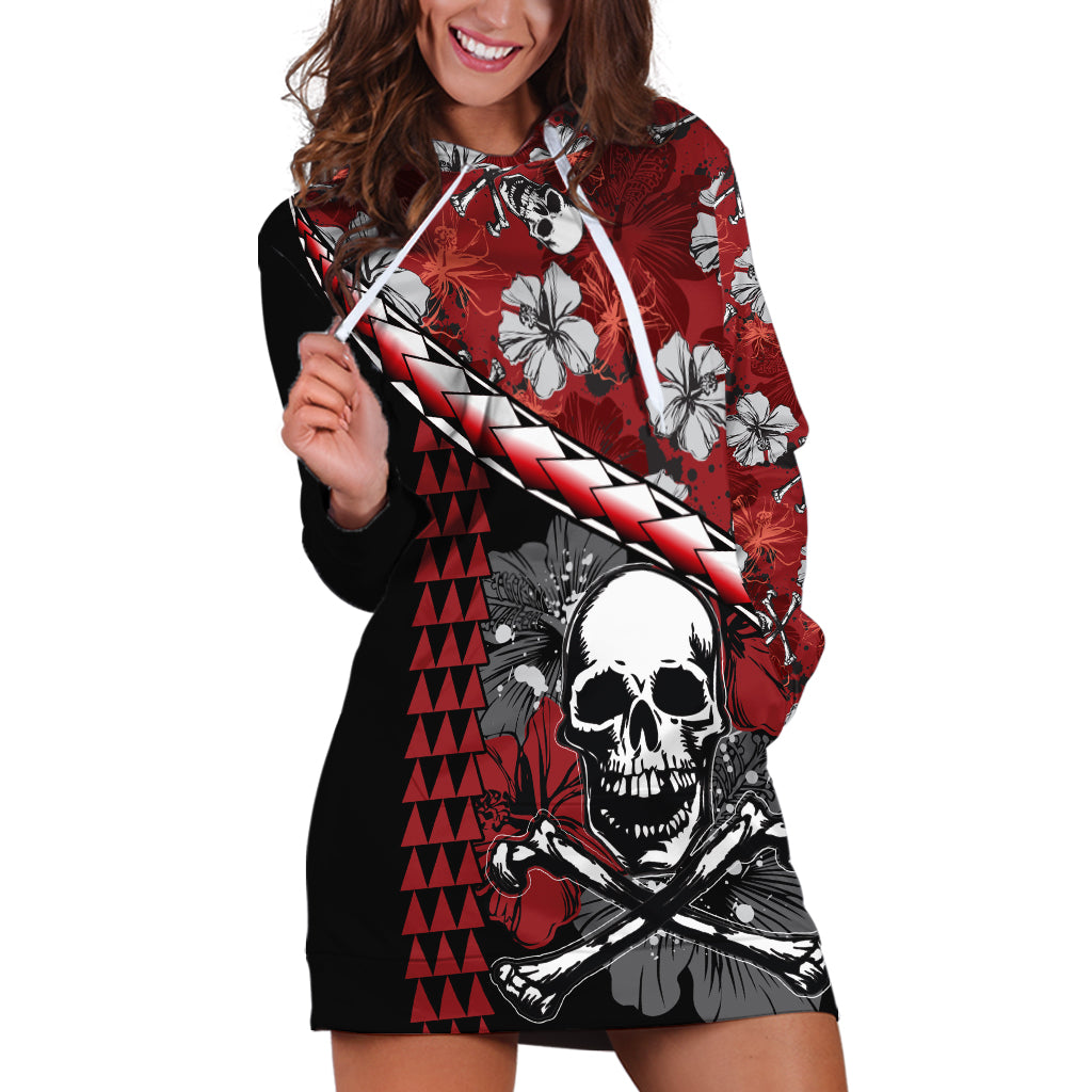 Hawaii Halloween Hoodie Dress Hibiscus Skull Kakau Pattern - Wonder Print Shop