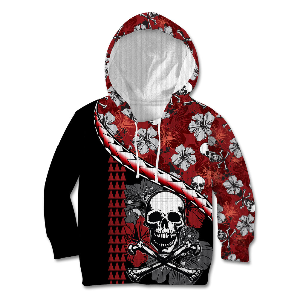 Hawaii Halloween Kid Hoodie Hibiscus Skull Kakau Pattern - Wonder Print Shop